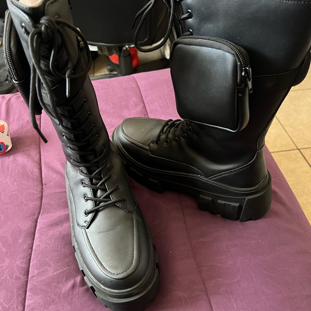Black Combat Boots with Side Pouch